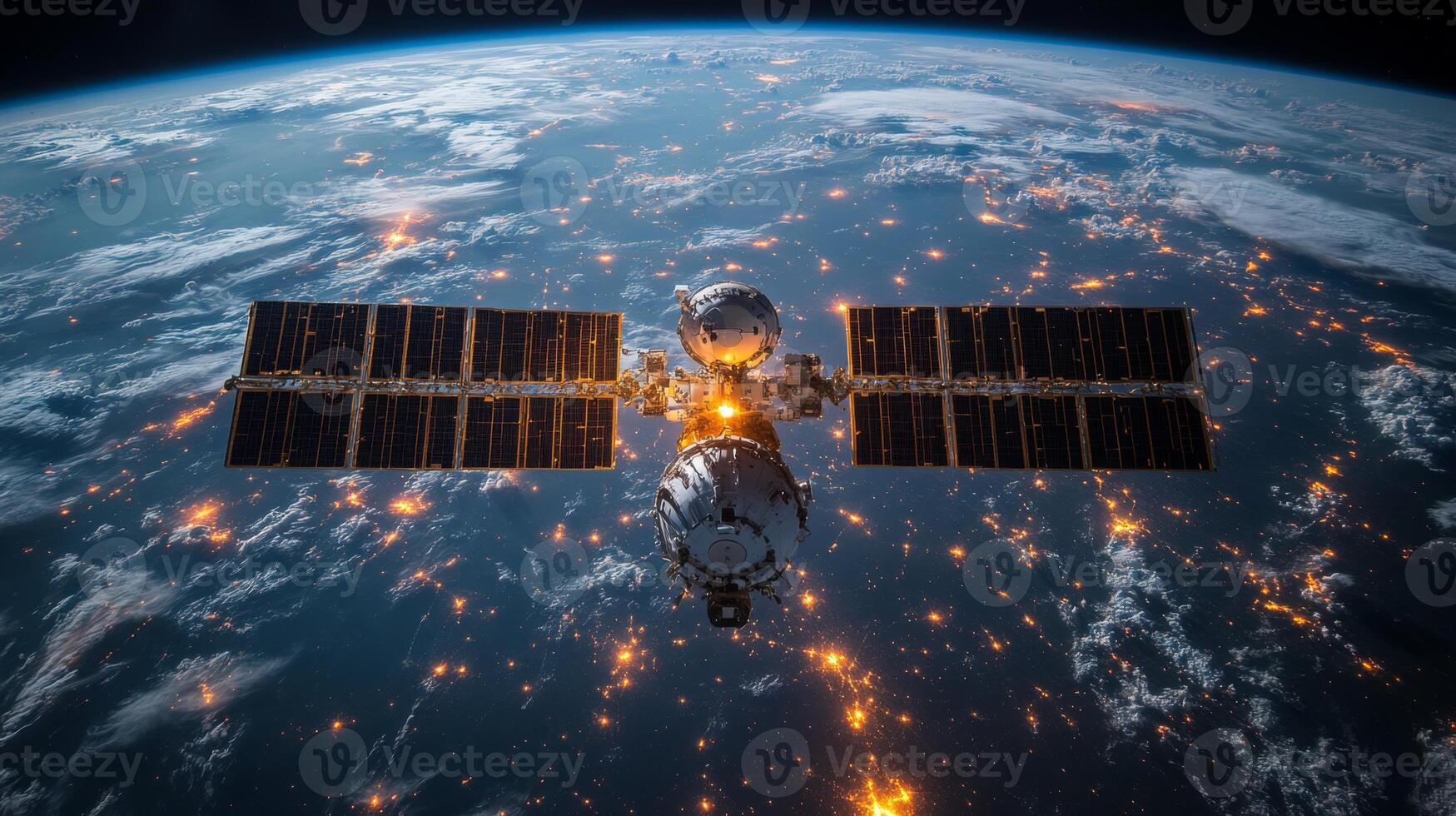 A satellite orbits Earth, utilizing advanced technology to transmit telemetry and GNSS signals for global positioning and signal tracking around the planet. photo