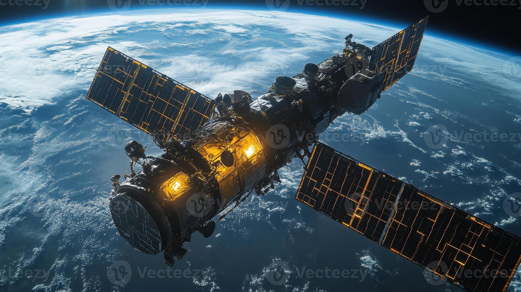 A sophisticated spacecraft orbits Earth, equipped with solar panels and advanced monitoring systems. It captures vital telemetry data for geospatial surveillance and analysis, utilizing AI. photo