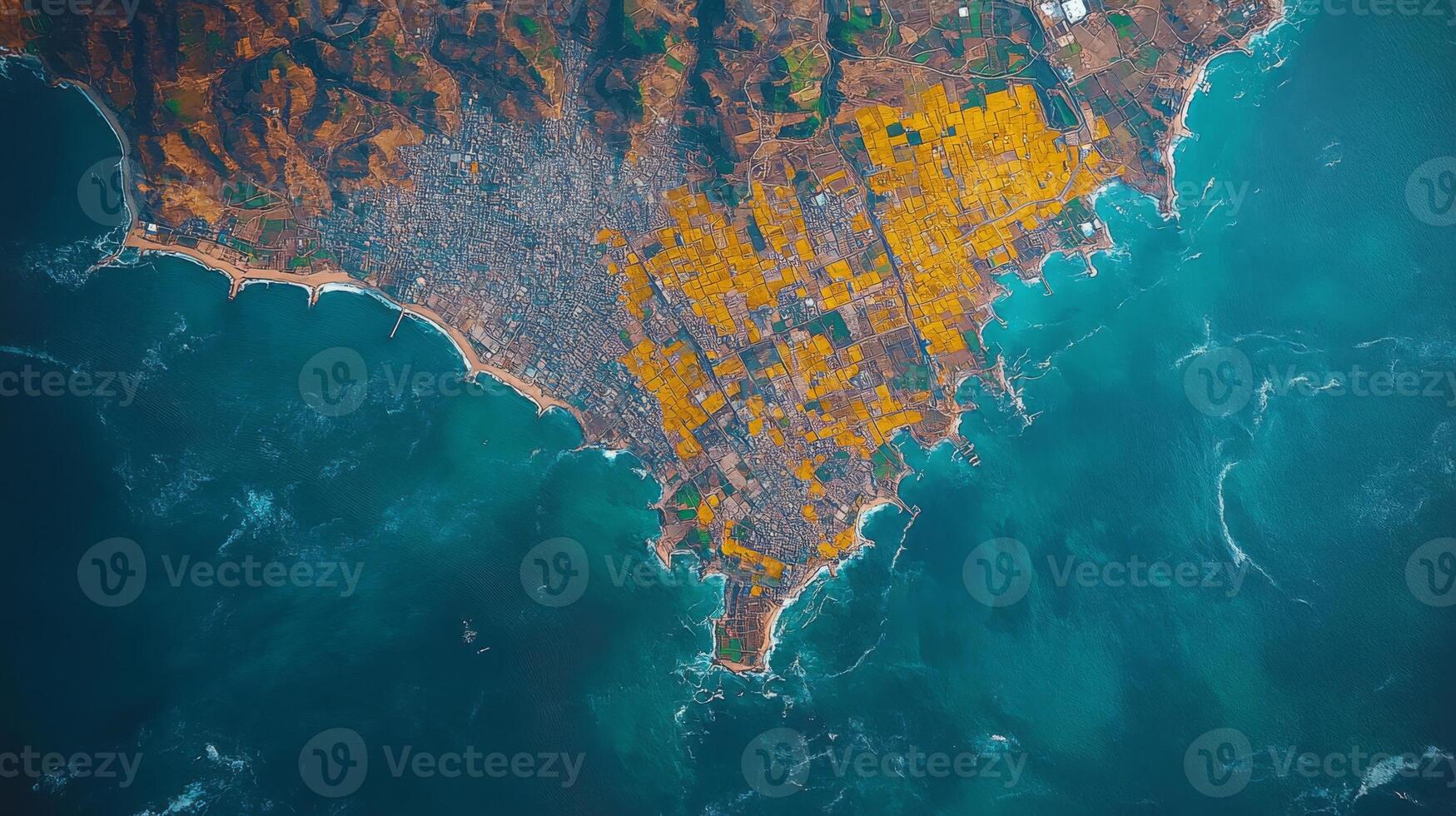 This satellite observation highlights a coastal area with a rich blend of urban landscapes and agricultural fields. photo