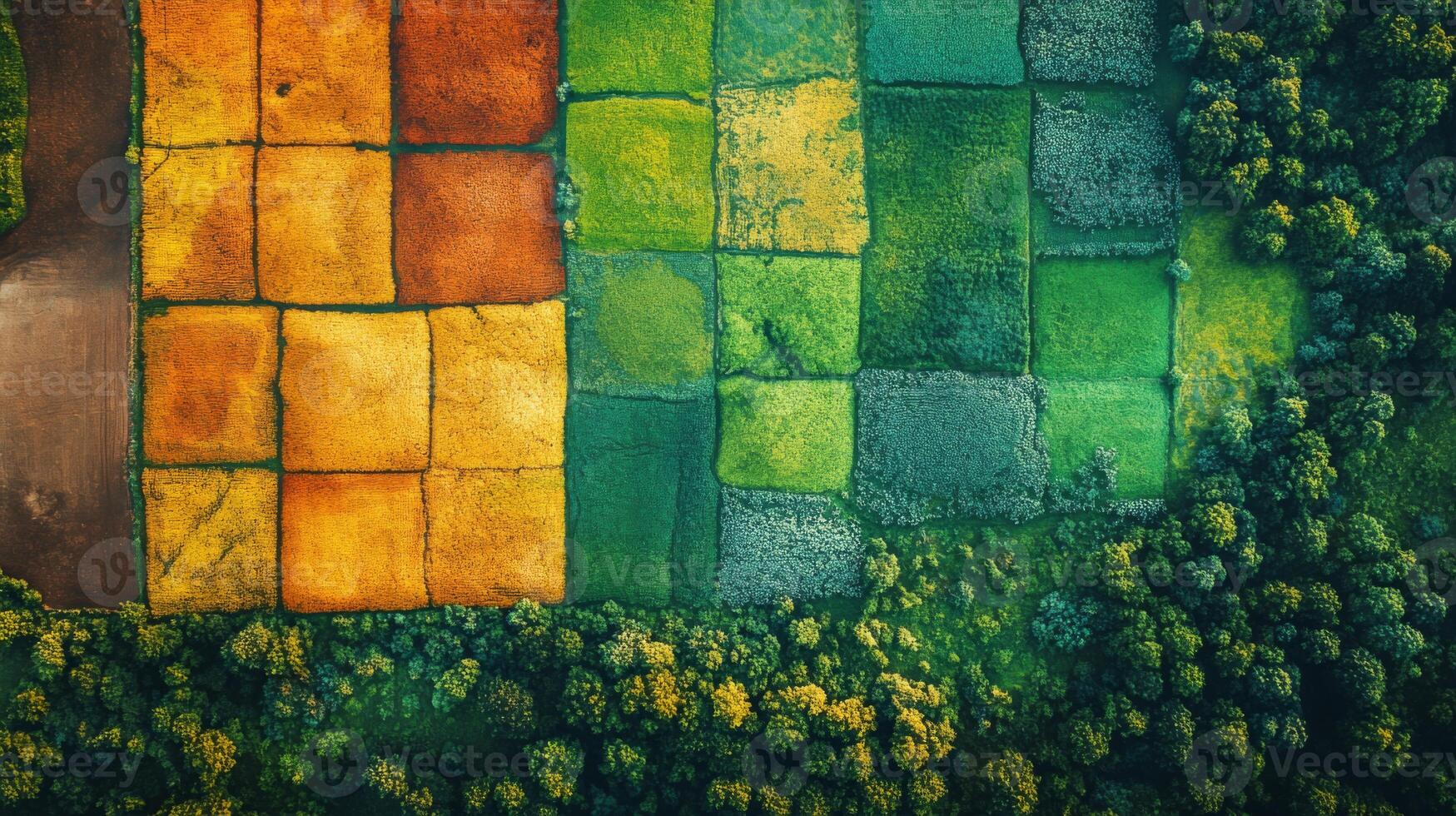 Aerial view displays a mosaic of agricultural fields featuring various crop colors and patterns in a lush landscape surrounded by trees under clear skies. photo