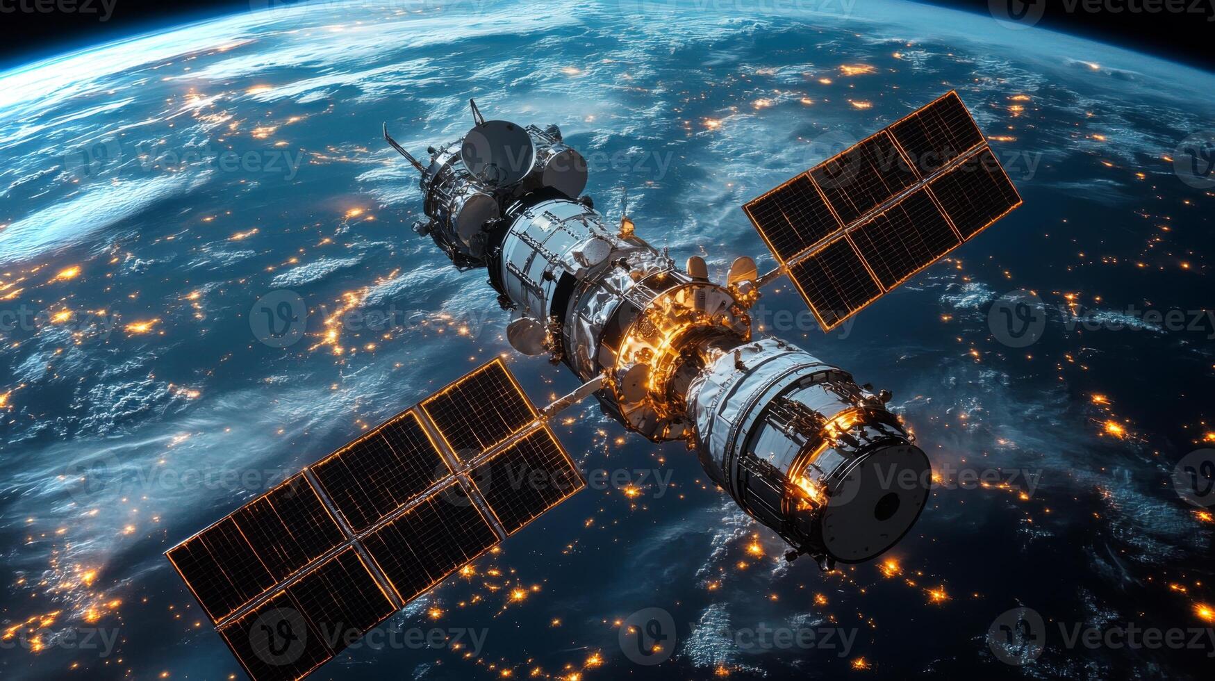 A sophisticated satellite orbits Earth, transmitting telemetry data and GPS signals for global navigation and tracking. The illuminated landscape below showcases urban areas at night. photo