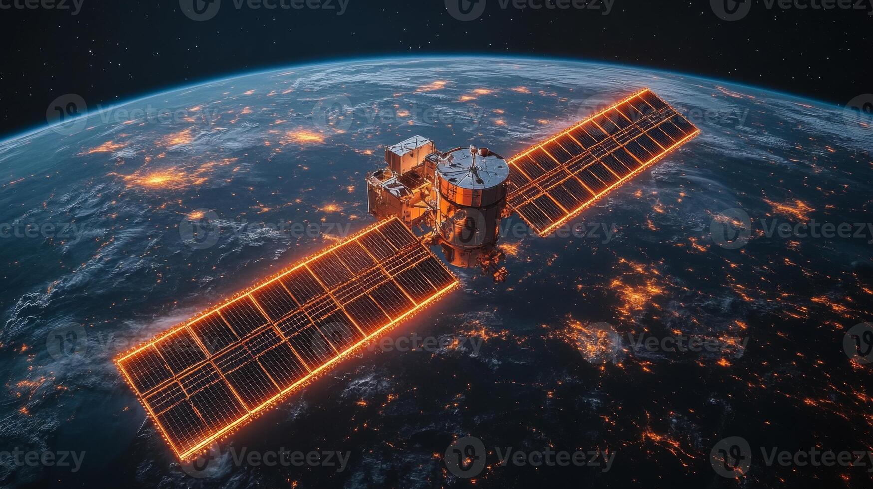 A satellite equipped with solar panels orbits the Earth, transmitting telemetry and broadband signals. Its illuminated design highlights urban areas below, showcasing advanced technology. photo