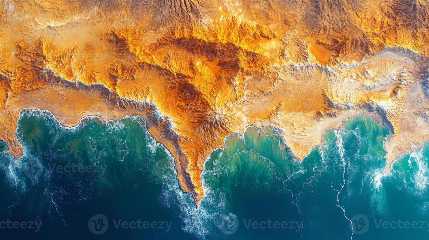 This high-resolution satellite imagery captures detailed coastal landscapes showcasing the intersection of land and ocean. Geospatial analysis reveals significant features and patterns. photo