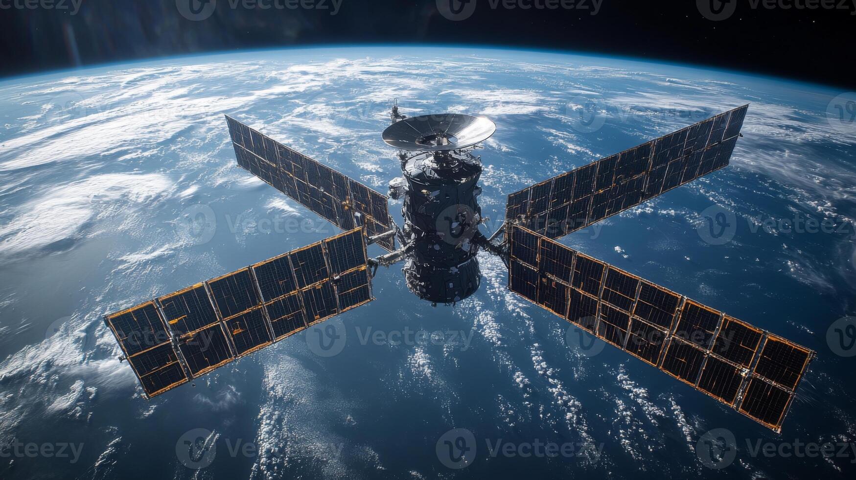 A sophisticated satellite spacecraft orbits Earth, equipped with solar panels and antennas, transmitting vital GPS signals for global navigation. photo