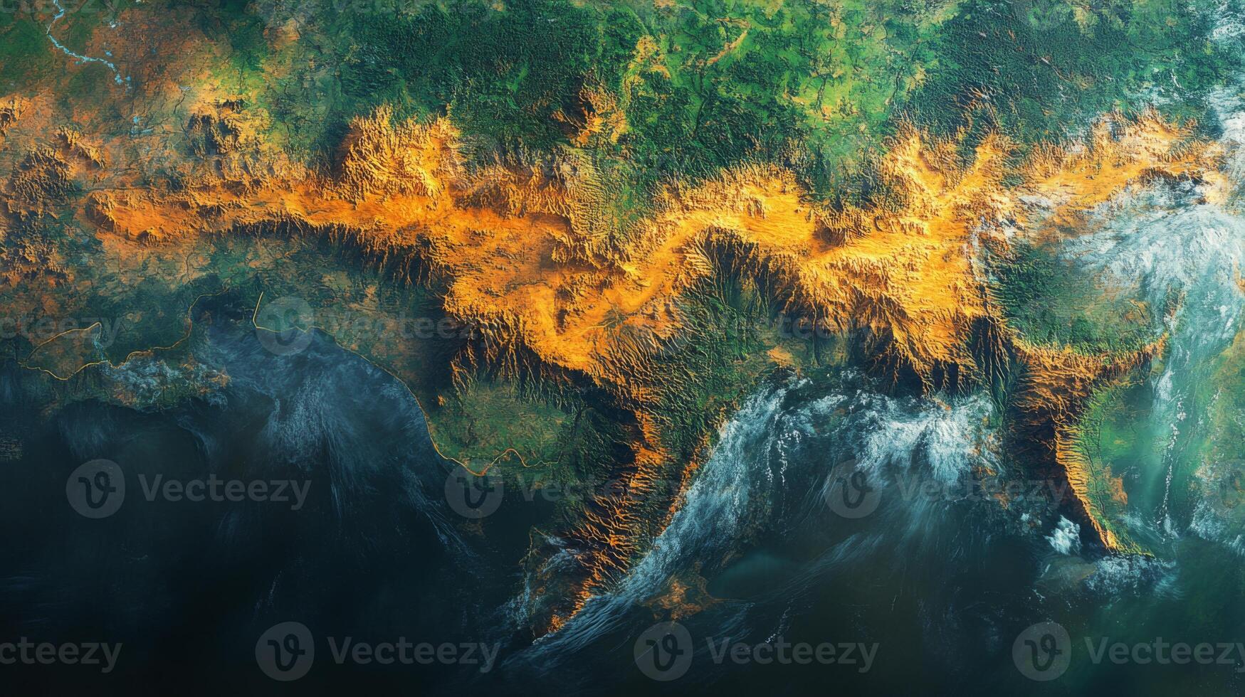 This satellite imagery showcases a vibrant representation of rugged terrain, detailing geological formations across a sprawling region. photo