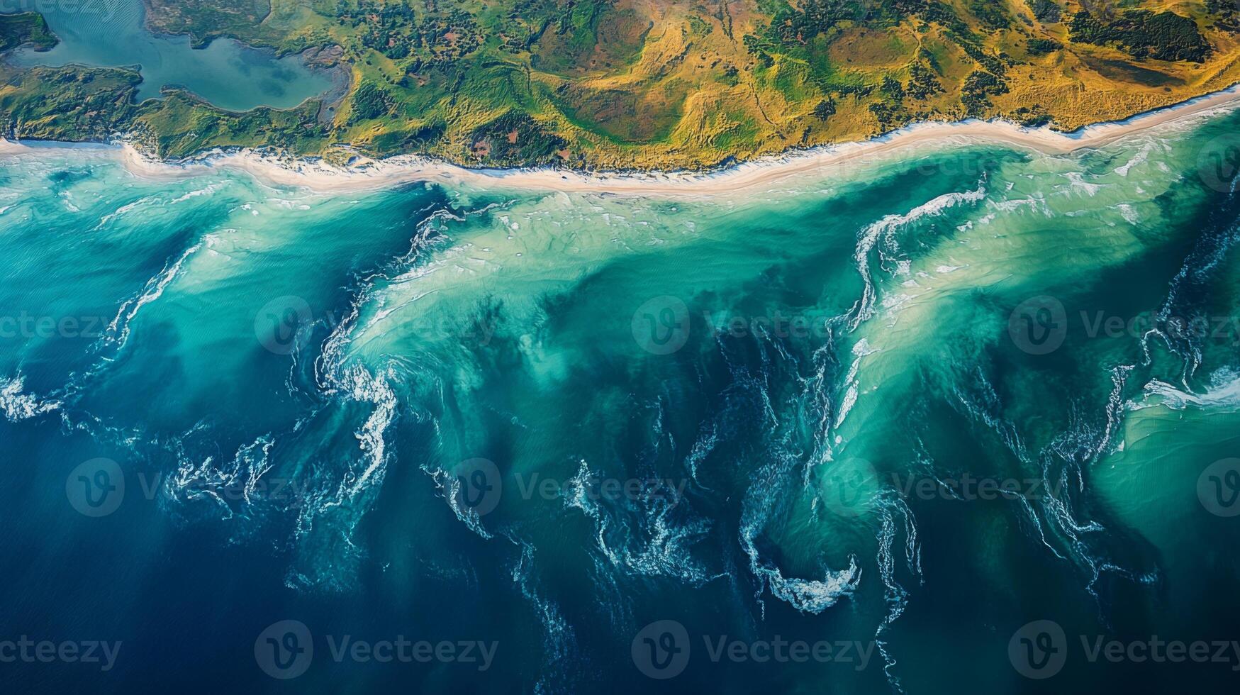 Advanced surveillance technology captures intricate patterns of ocean currents along the coastline, highlighting geospatial features and environmental dynamics in daylight. photo