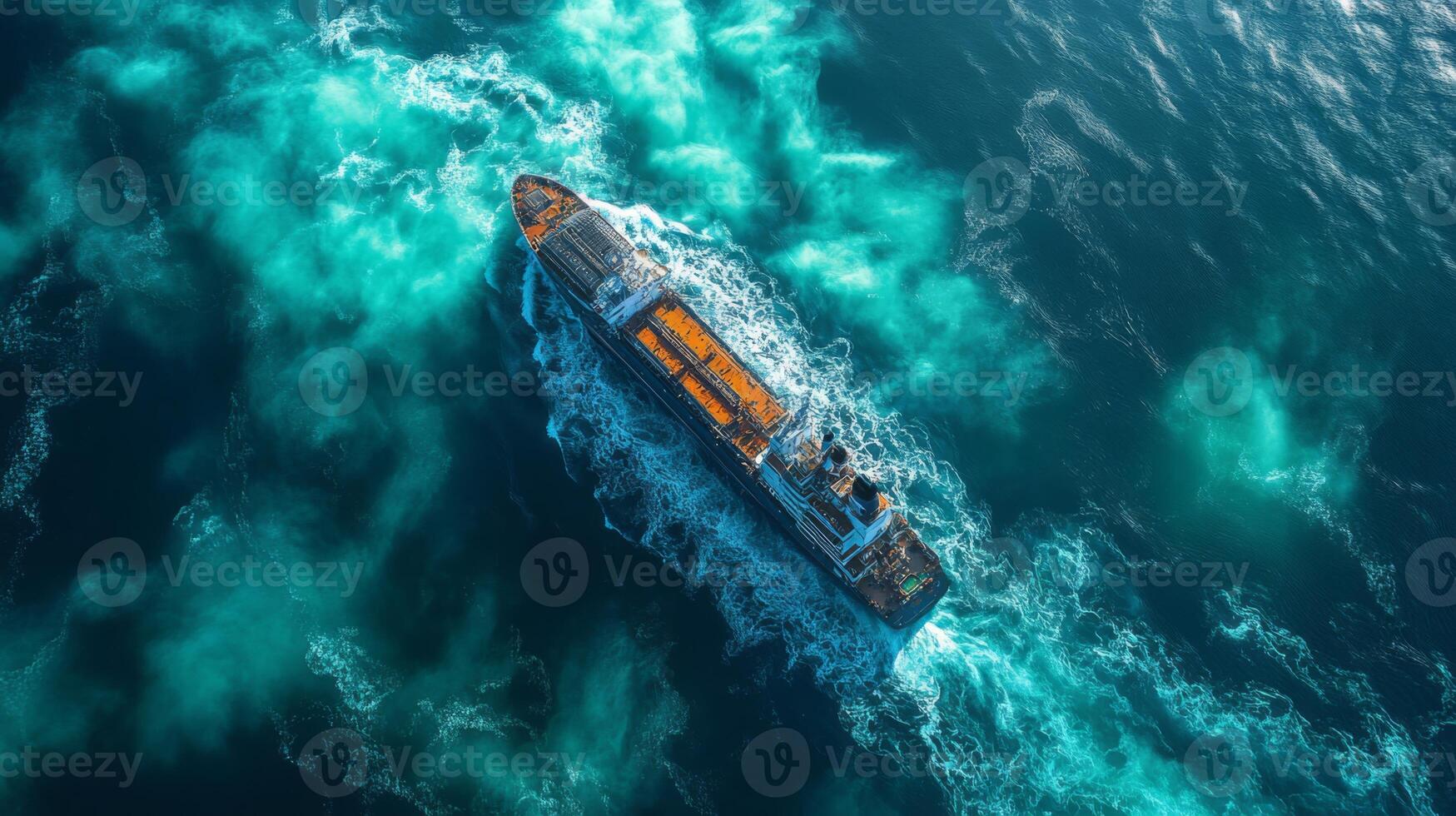 A large cargo vessel moves through the ocean, producing significant wake patterns while transmitting telemetry data for monitoring and analysis. The vessel is part of a surveillance operation. photo