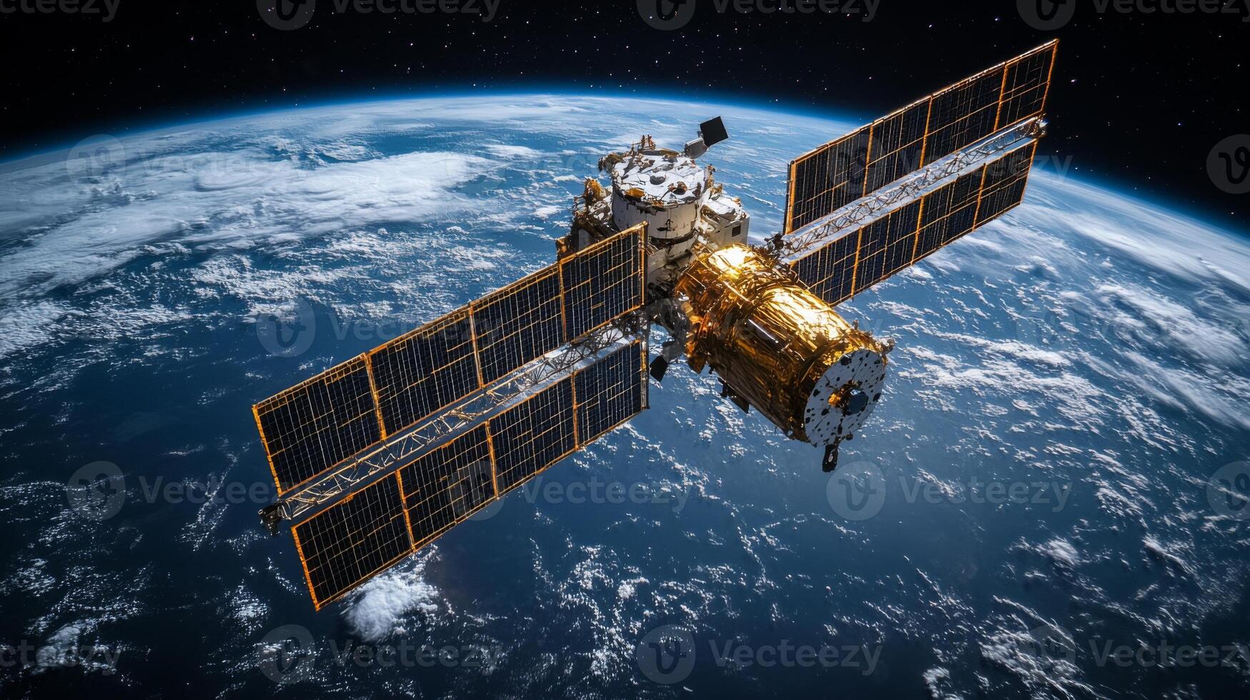 A spacecraft positioned in low Earth orbit, equipped with solar panels, is actively transmitting telemetry data. It plays a vital role in providing broadband connectivity worldwide. photo