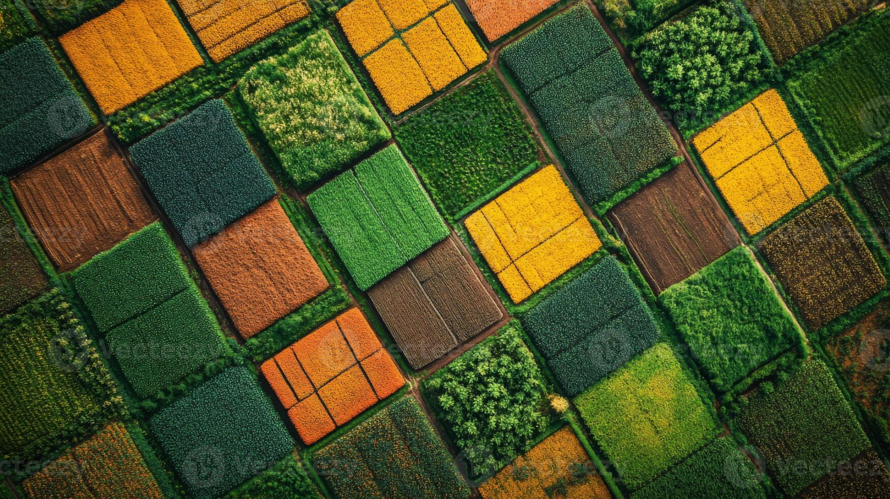 Aerial view displays a mosaic of agricultural fields with distinct colors and patterns. The layout indicates different crop types and land use, contributing to geospatial analysis. photo