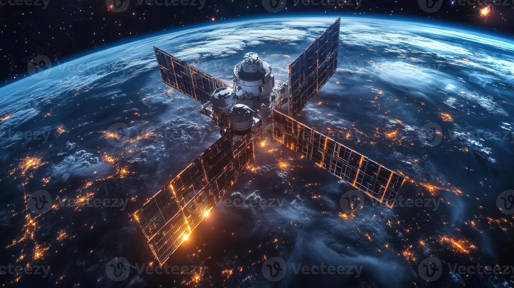 A spacecraft orbits Earth at night, with solar panels illuminated by city lights below. It transmits telemetry and GPS signals for global navigation and tracking systems. photo
