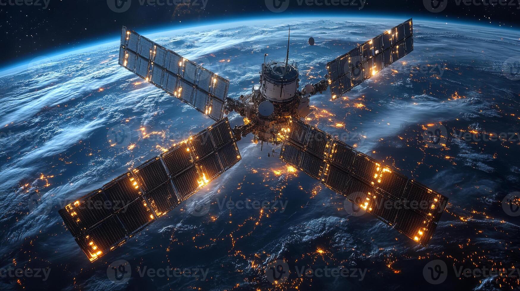 A satellite orbits Earth during dusk, actively transmitting telemetry and GPS signals. photo