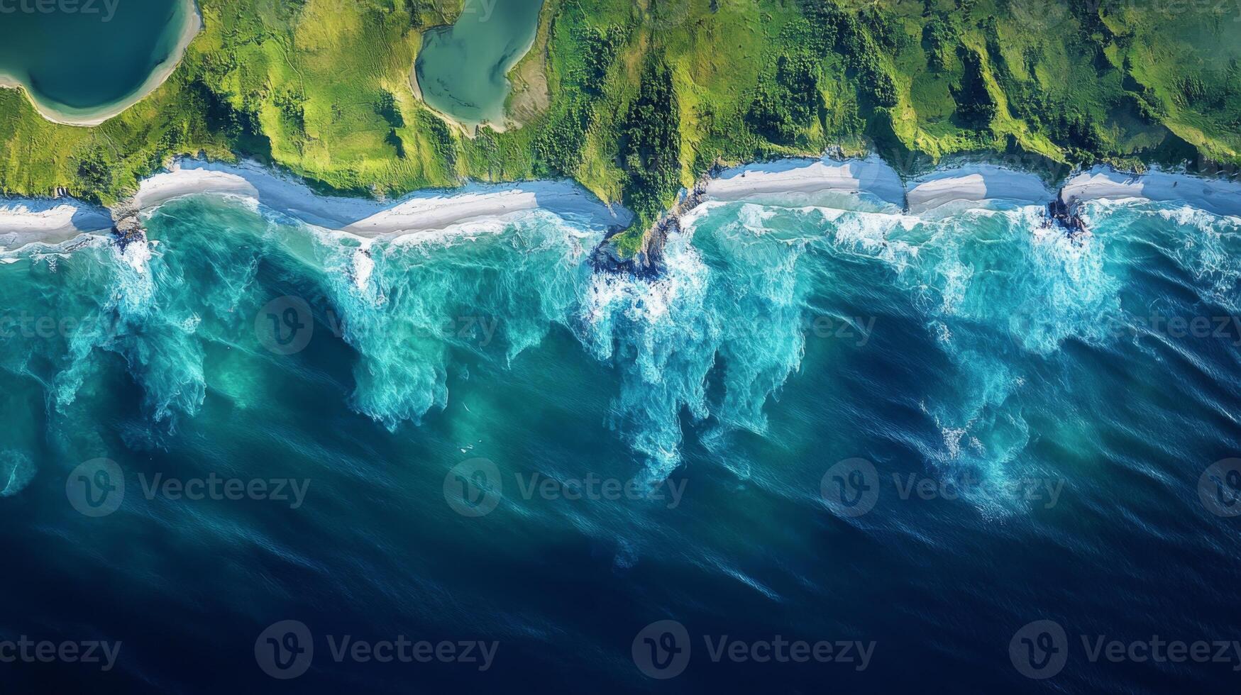 This perspective reveals a stunning coastal area where powerful waves break against sandy beaches. Lush green hills rise in the background, highlighting the beauty of the natural environment. photo