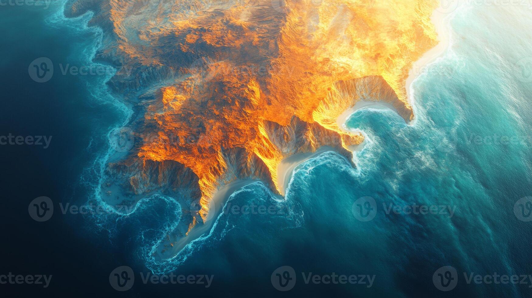 Advanced satellite technology captures a coastal area illuminated by sunlight, showcasing landforms and ocean interaction in real-time for telemetry analysis and surveillance. photo