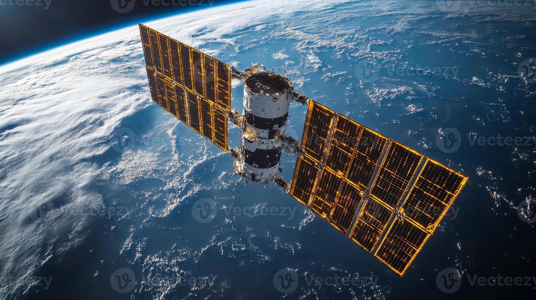 A satellite orbits Earth, equipped with solar panels and communication instruments. It is actively transmitting telemetry signals crucial for global positioning systems and tracking. photo