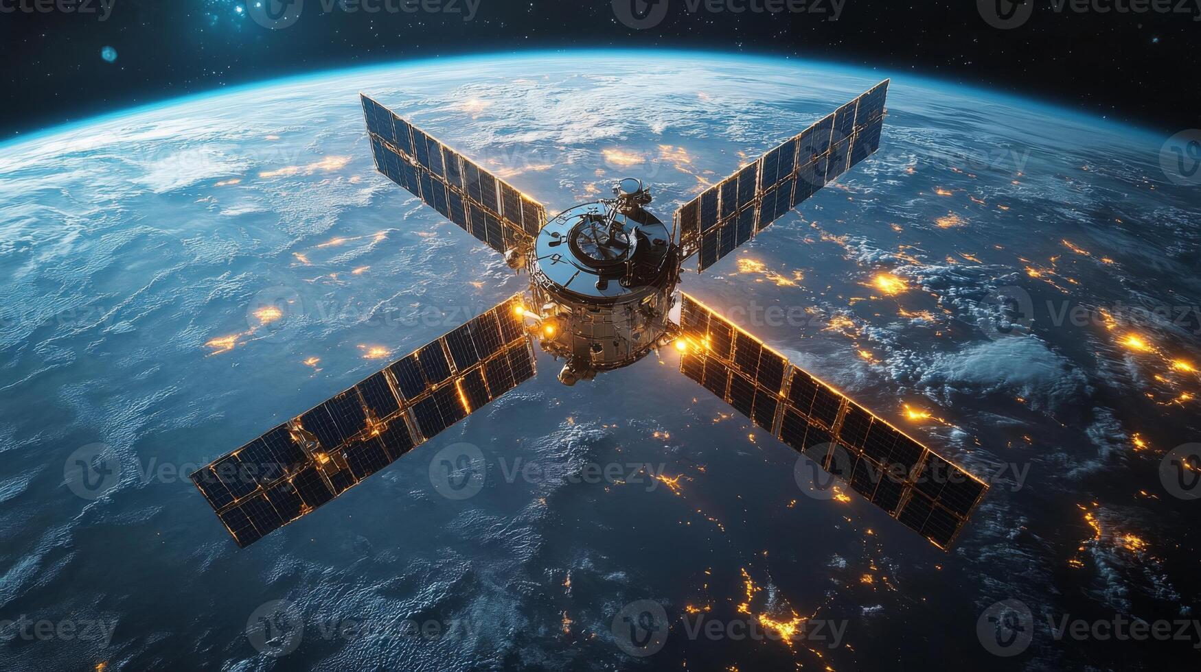 A satellite orbits the Earth, transmitting telemetry data and GPS signals. It plays a crucial role in global positioning systems, enhancing tracking efficiency. photo