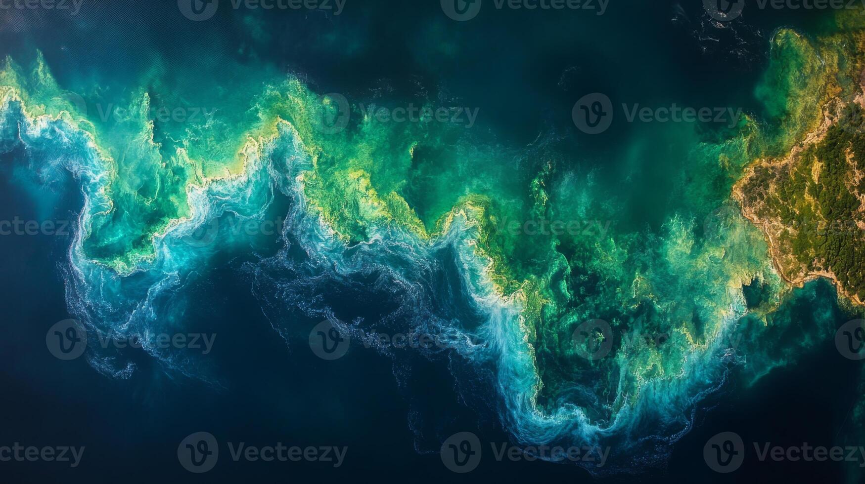 A detailed view of vibrant oceanic patterns captured from space, highlighting the interaction of water, land, and biological activity along the coastline. Telemetry data aids in ecological research. photo