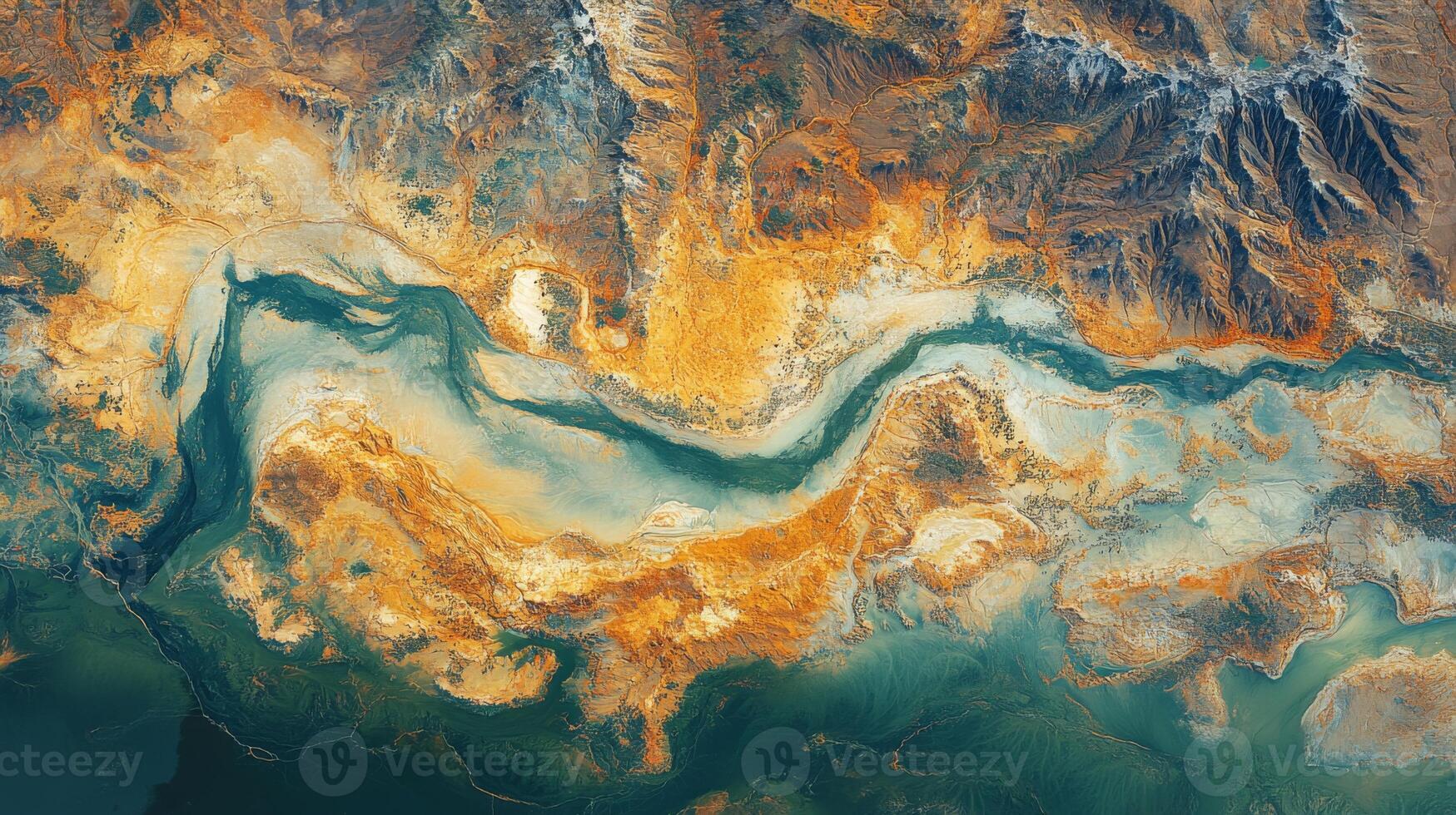 This detailed satellite depiction reveals a flowing river winding through mountainous landscapes, highlighting geospatial analysis and AI-assisted monitoring practices. photo