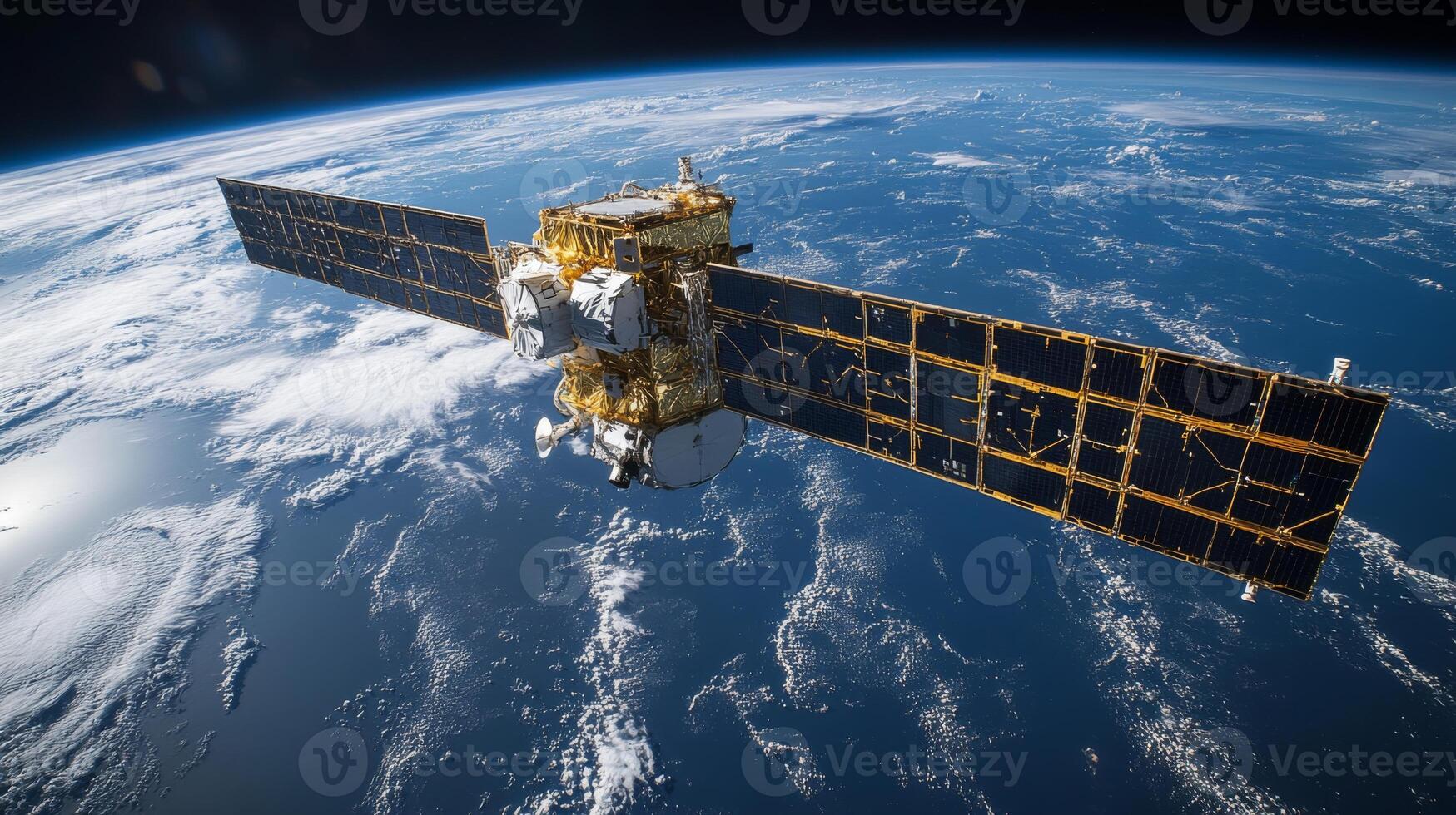 A satellite orbits Earth, equipped with solar panels and instruments. It transmits telemetry and positioning signals crucial for satellite navigation systems and tracking technologies. photo