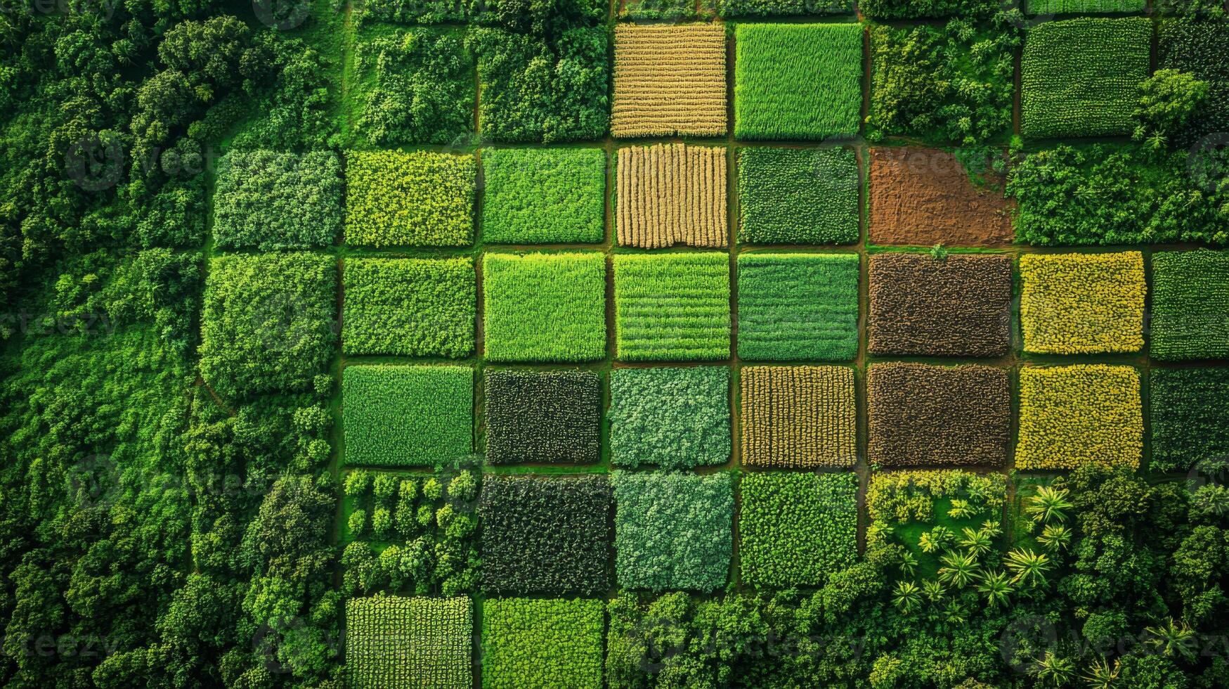 This view highlights various agricultural fields arranged in a grid, demonstrating crop diversity and different land management practices. photo