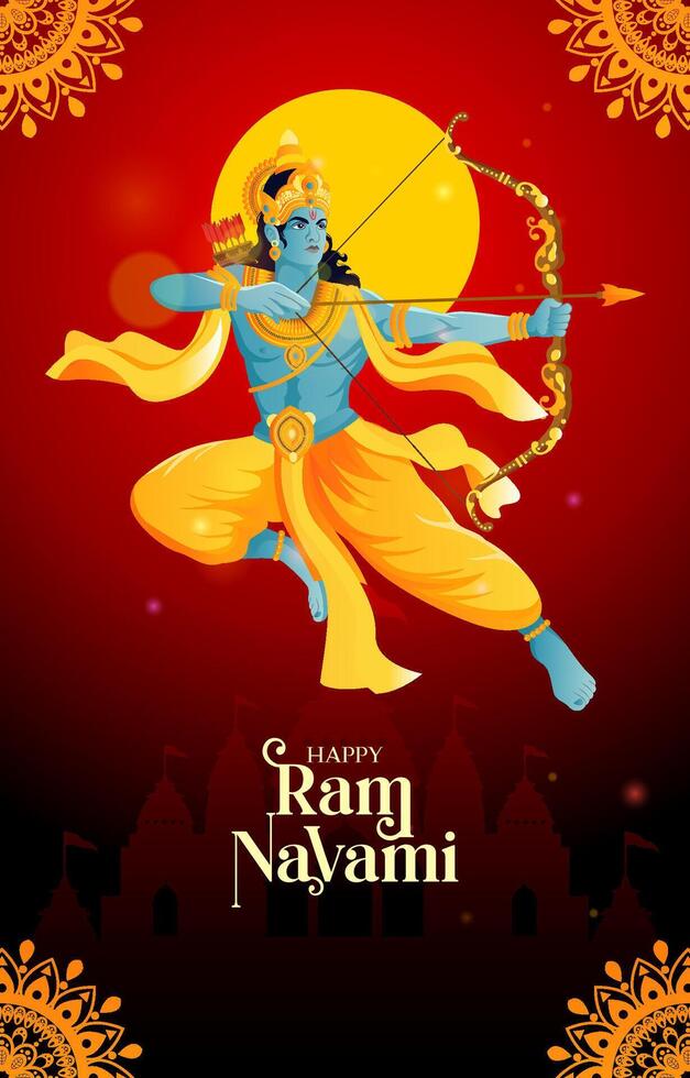 Happy Ram Navami Fesival Background with lord rama and red temple silhouette vector