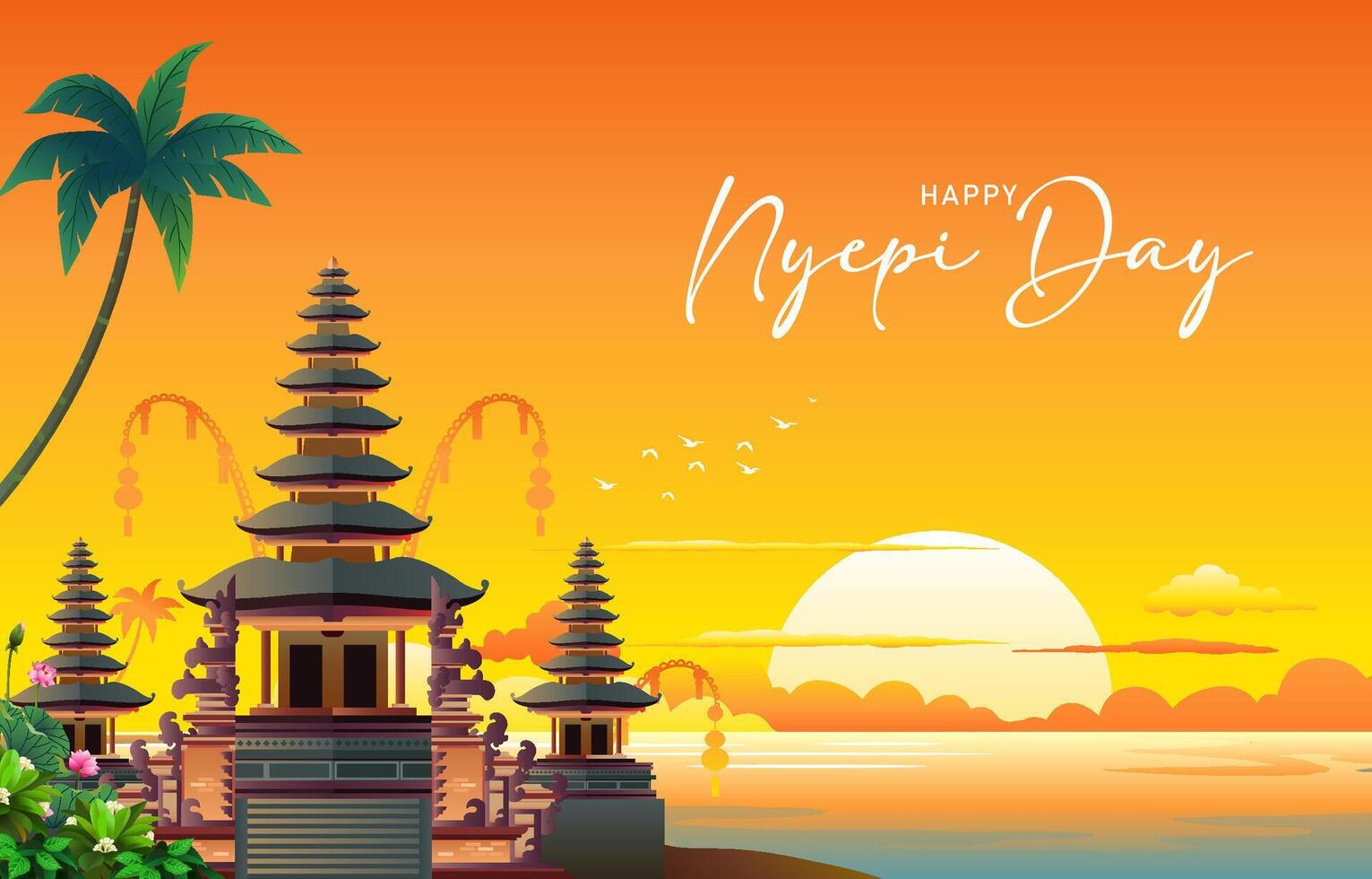 happy nyepi day, day of silence, with beach background for poster, background vector