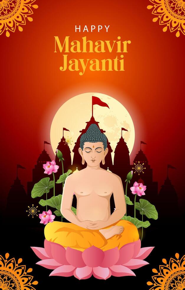 Happy Mahavir Jayanti vertical Background with temple background vector