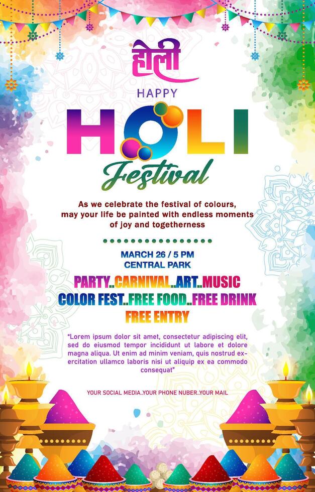 vertical holi festival poster template, with colorful design concept vector
