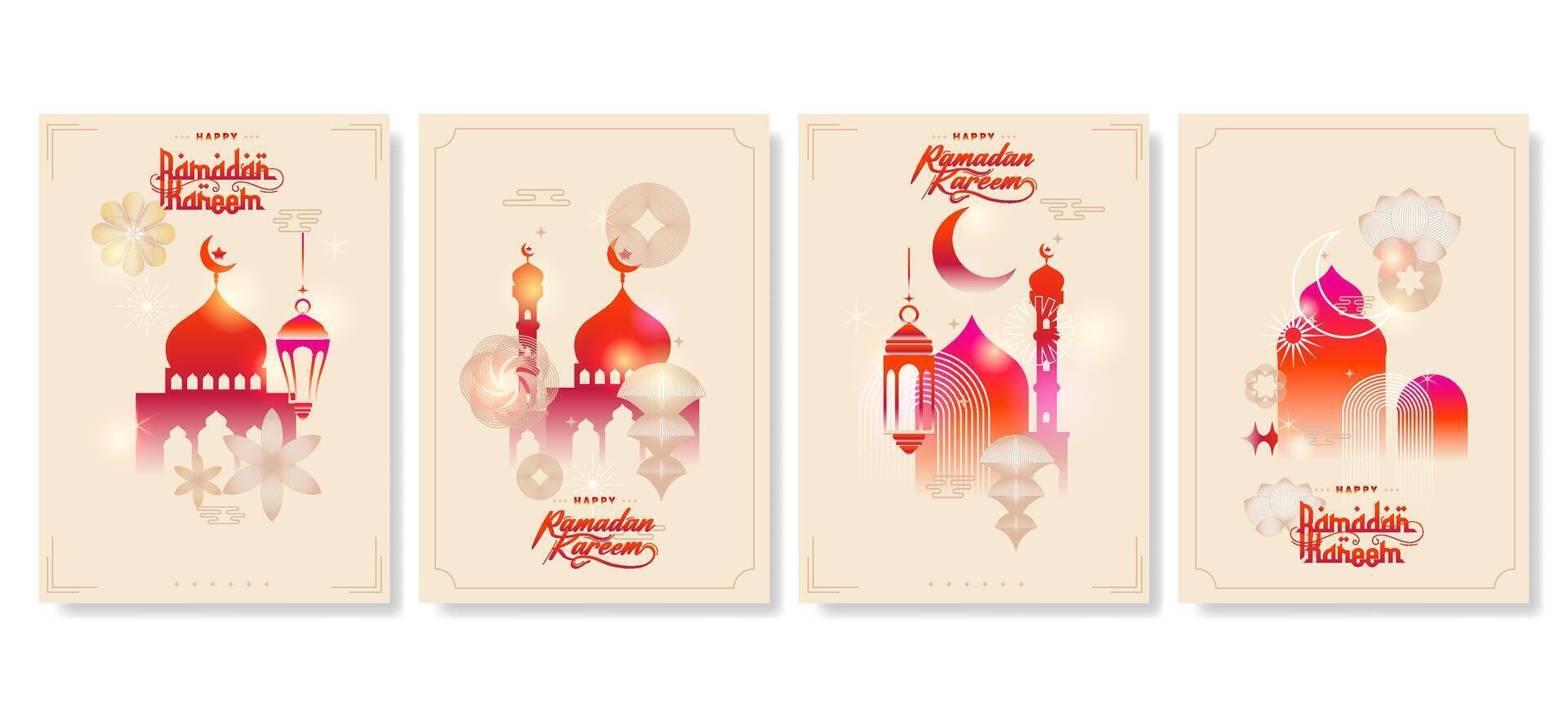 modern abstract style Ramadan kareem colorful template. Greeting cards backgrounds. Windows and arches with moon mosque dome and lanterns vector