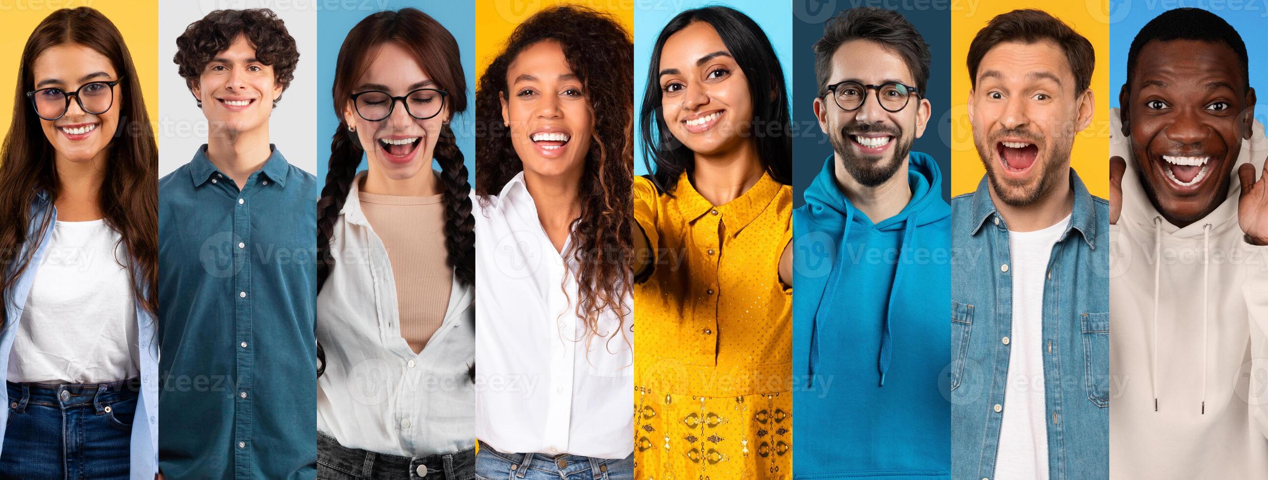 A joyful collage featuring a diverse group of individuals smiling brightly against a colorful background. Each person expresses happiness, showcasing a fun and lively atmosphere. photo