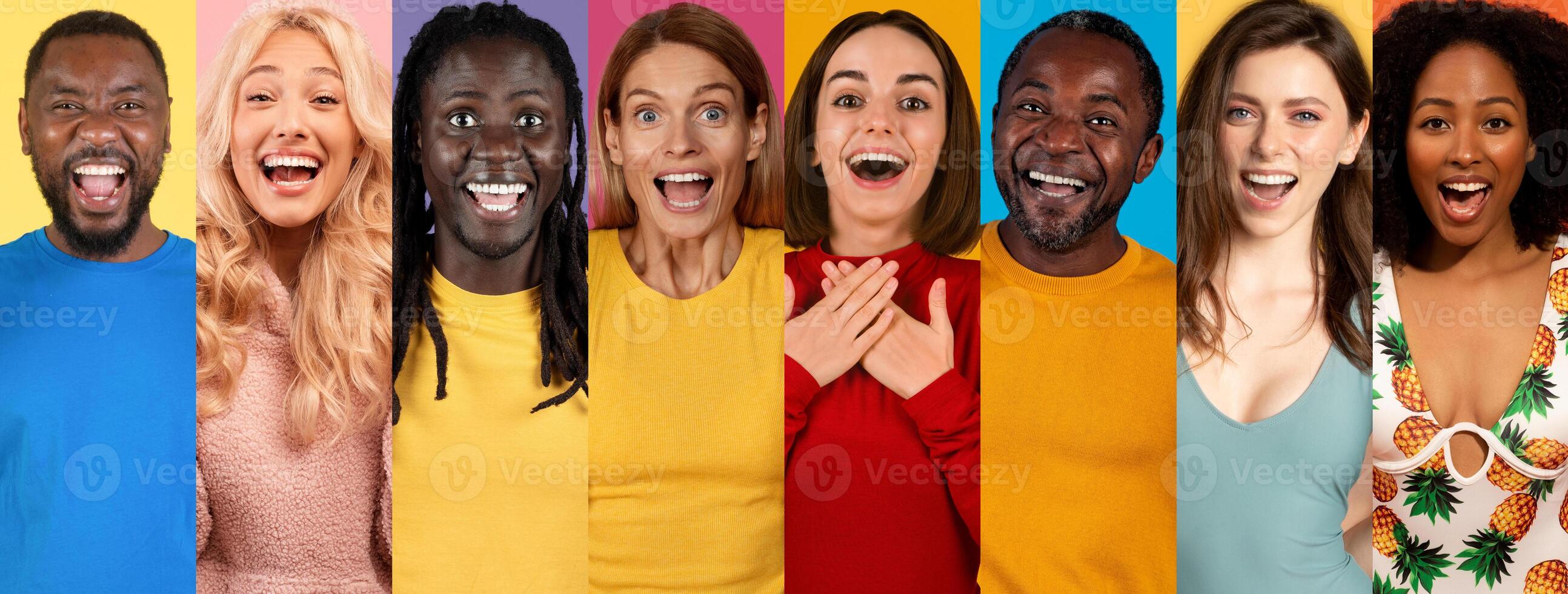 A vibrant collage features a group of cheerful, happy people from different backgrounds, celebrating together. Their expressions radiate joy and positivity against colorful backgrounds. photo