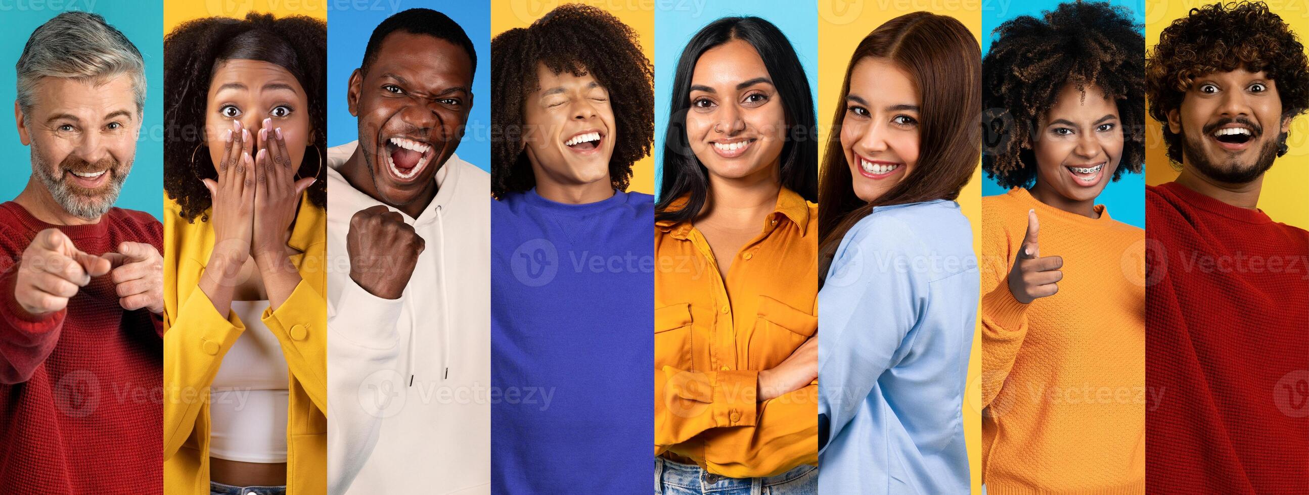 A vibrant collage features a diverse group of cheerful individuals expressing happiness and fun. Each person brings a unique smile, showcasing a joyful moment shared together. photo