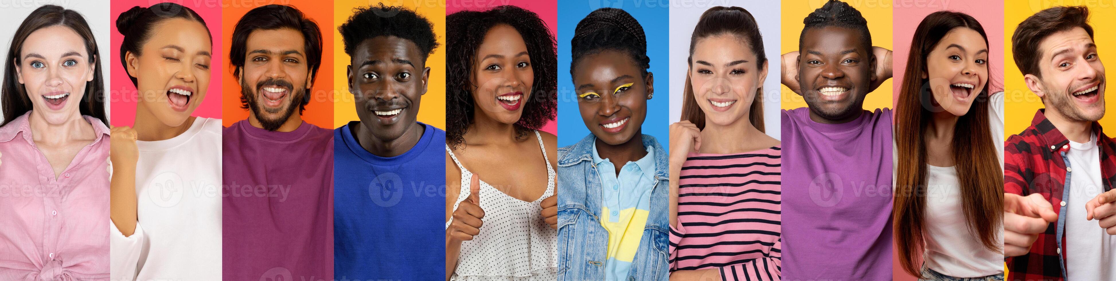 A lively collage featuring a group of happy, multiracial individuals showcasing cheerful expressions. photo