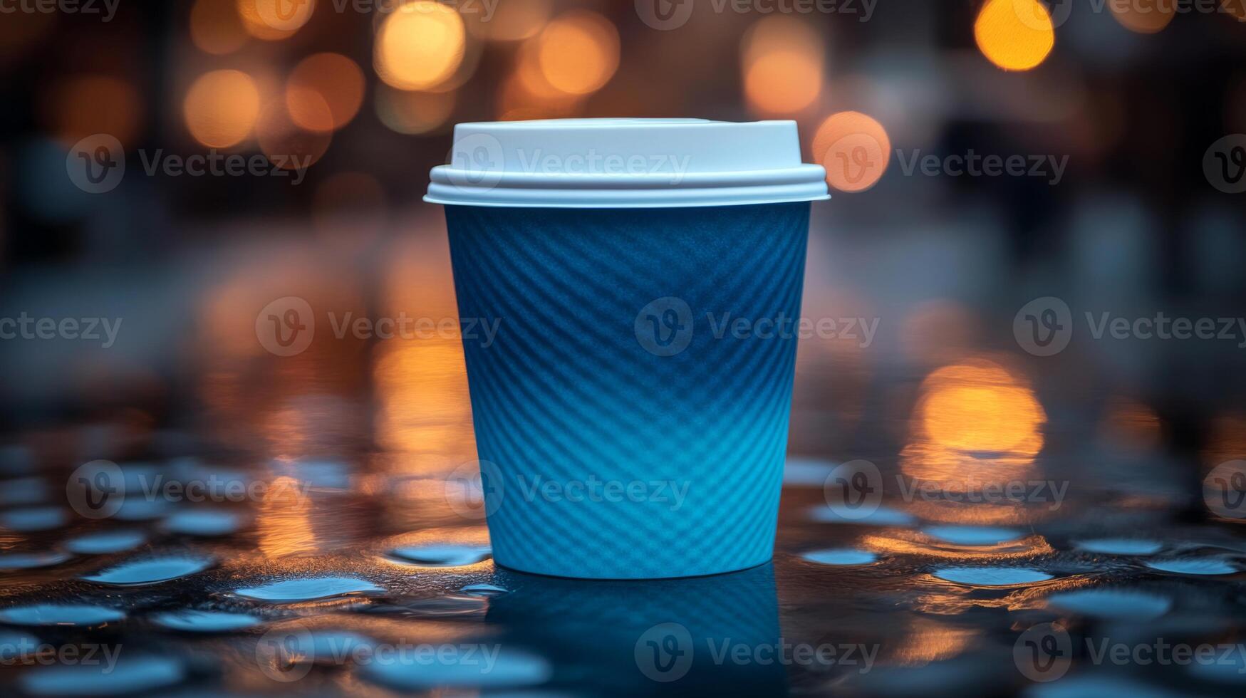 A blue paper cup sits on a glistening surface after rain, with warm city lights twinkling in the background during the early evening hours. photo