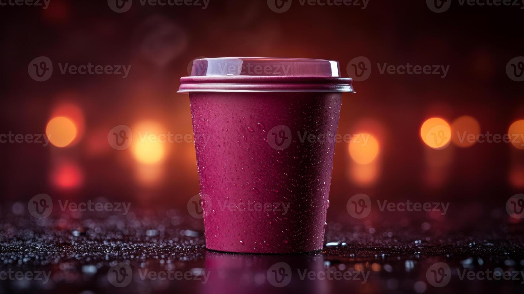 A warm cup of coffee rests on a shiny surface, droplets forming on its exterior. The background is softly illuminated with blurred lights, creating a cozy, inviting atmosphere in the evening. photo