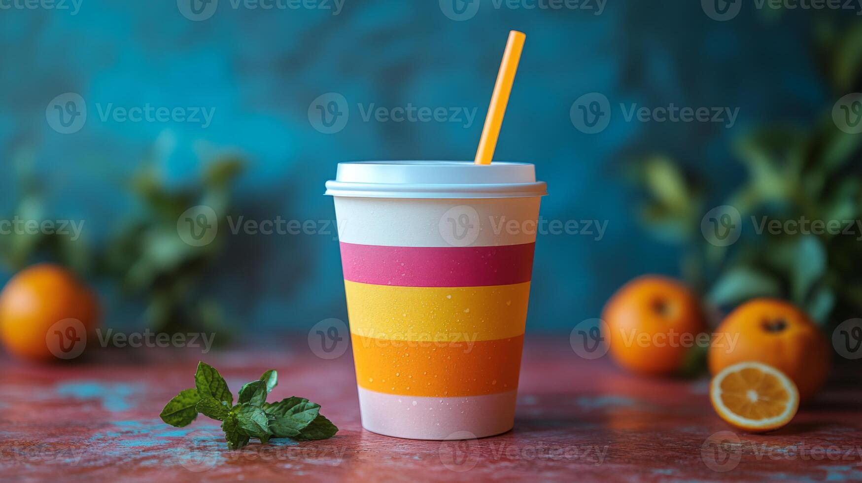 A vibrant cup with horizontal stripes in pink, yellow, and orange stands prominently on a rustic table. Fresh oranges and mint leaves accompany the drink, creating a refreshing atmosphere. photo