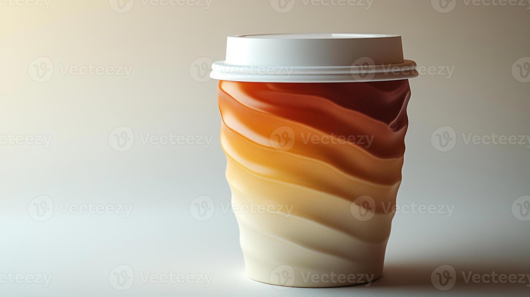 A beautifully designed coffee cup features a gradient swirl of warm colors, symbolizing a cozy atmosphere. The cup holds a fragrant beverage, inviting relaxation and enjoyment. photo