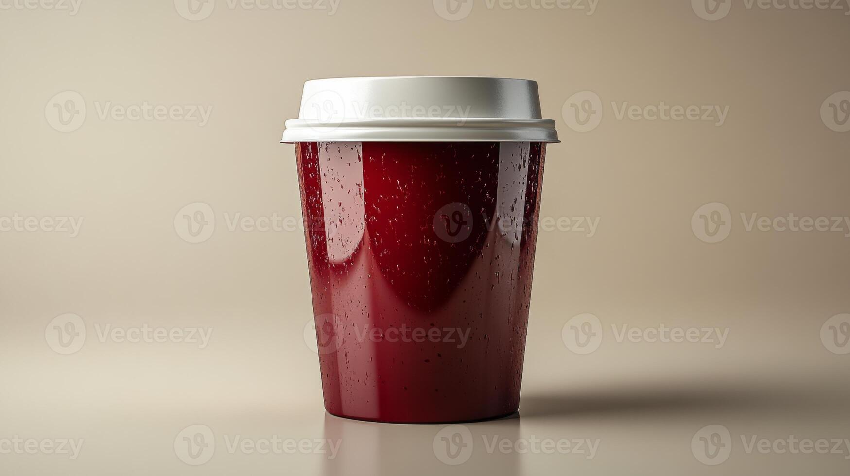 A red cup with a white lid sits on a smooth surface, displaying droplets of water. The background suggests a warm, cozy indoor space, ideal for enjoying a hot drink. photo