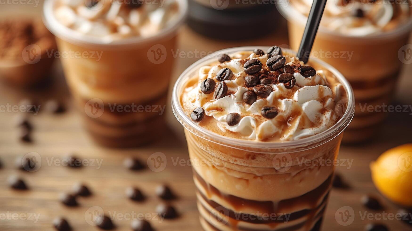 Cups filled with layered iced coffee topped with whipped cream, chocolate syrup, and coffee beans rest on a wooden table surrounded by chocolate chips. photo