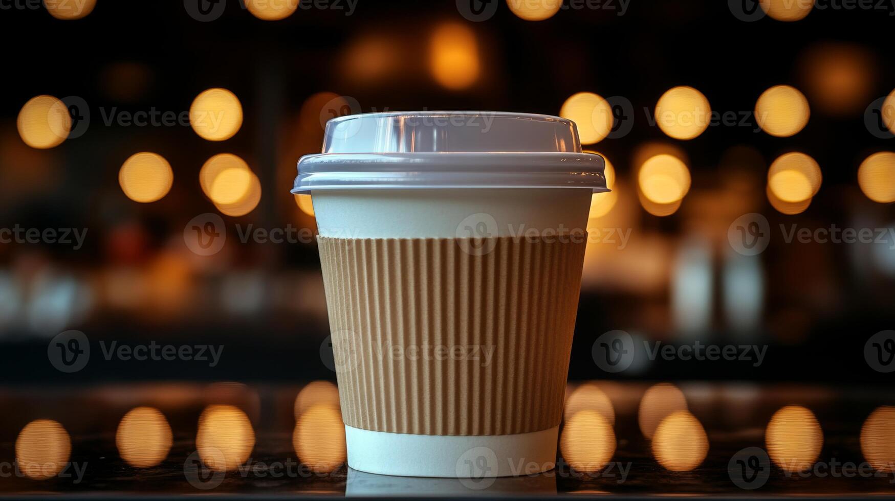 A disposable coffee cup sits on a table, surrounded by soft glowing lights in a bustling cafe. Warm tones create a welcoming atmosphere perfect for evening relaxation. photo