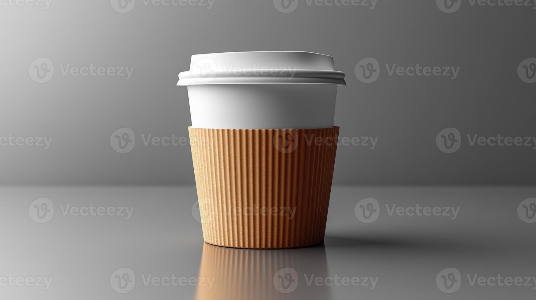 A disposable coffee cup with a textured sleeve rests on a smooth, reflective surface. The design highlights modern aesthetics with a clean and minimalist approach. photo