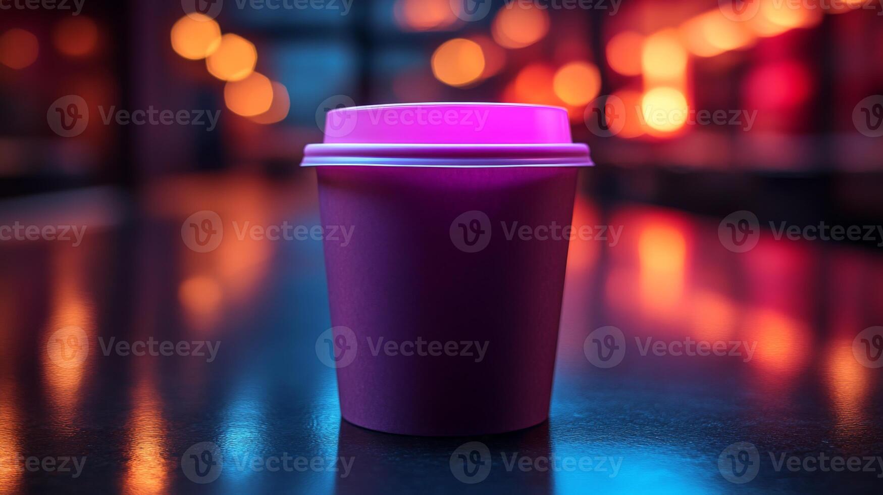 A vibrant coffee cup stands prominently on a table, illuminated by colorful ambient lights in a modern urban environment during the evening, creating a cozy atmosphere. photo