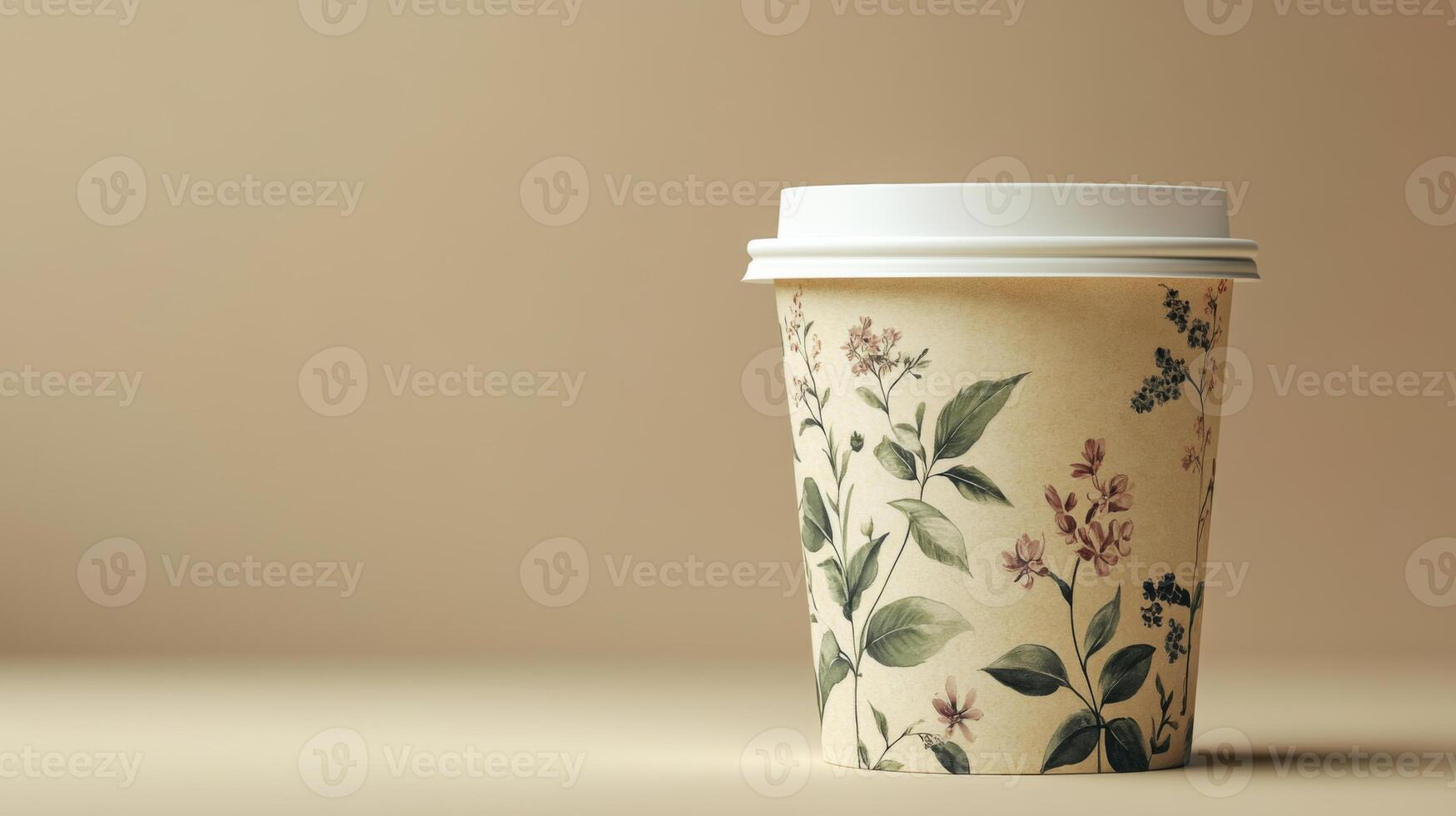 A coffee cup sits on a smooth surface, adorned with a delicate floral pattern against a neutral backdrop, emphasizing a calm and serene atmosphere perfect for enjoying a warm drink. photo