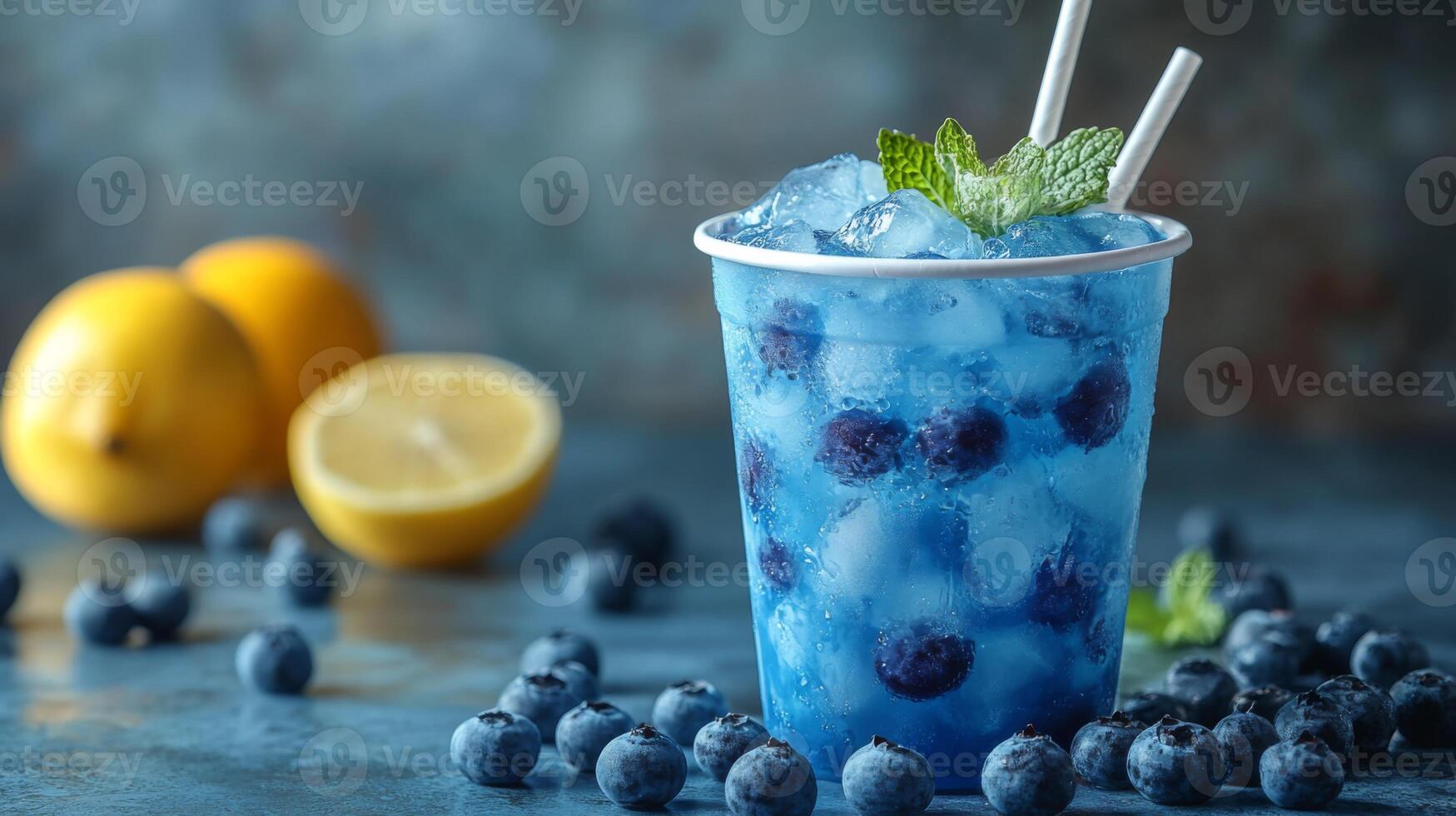 A vibrant drink is prepared with fresh blueberries and lemonade, garnished with mint leaves. The cup is surrounded by blueberries and lemons on a blue surface, perfect for a hot summer day. photo