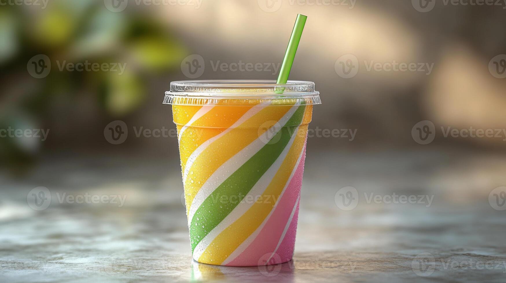 A vibrant, swirled drink in a clear cup sits on a marble table. The colorful beverage features bright orange, yellow, and green stripes, accompanied by a green straw and a soft focus backdrop. photo