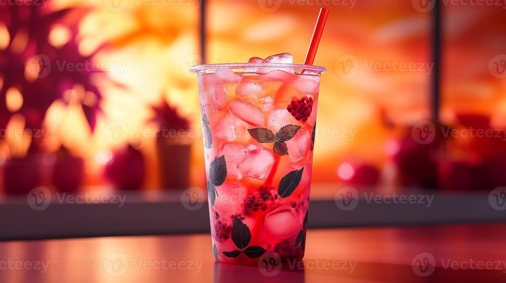 A vibrant berry drink filled with ice sits in a clear cup, adorned with leaf patterns, against a lively sunset backdrop, creating a refreshing ambiance. photo