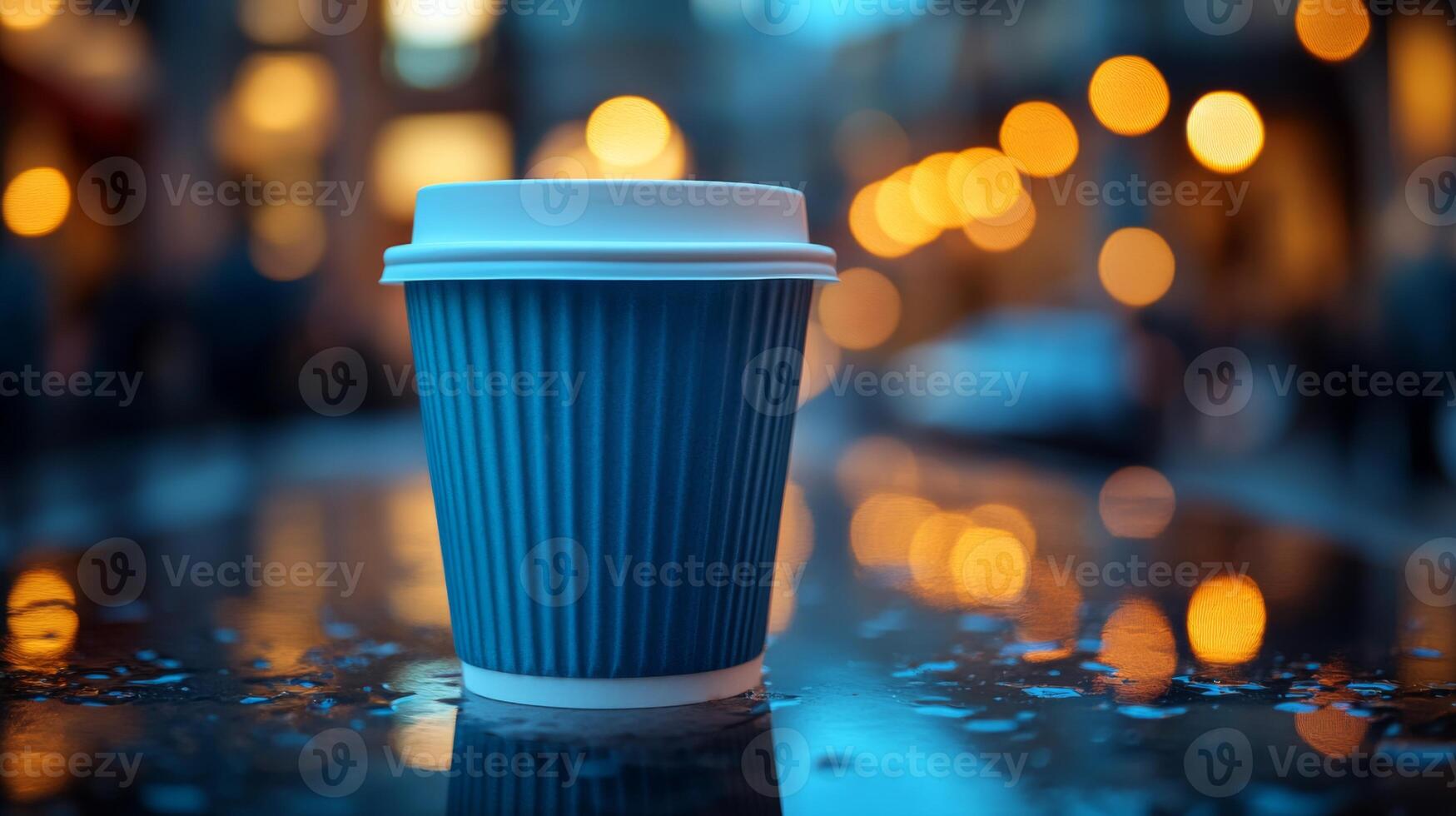 A blue coffee cup sits prominently on a wet street, reflecting golden bokeh lights in the background. The evening ambiance creates a cozy atmosphere. photo