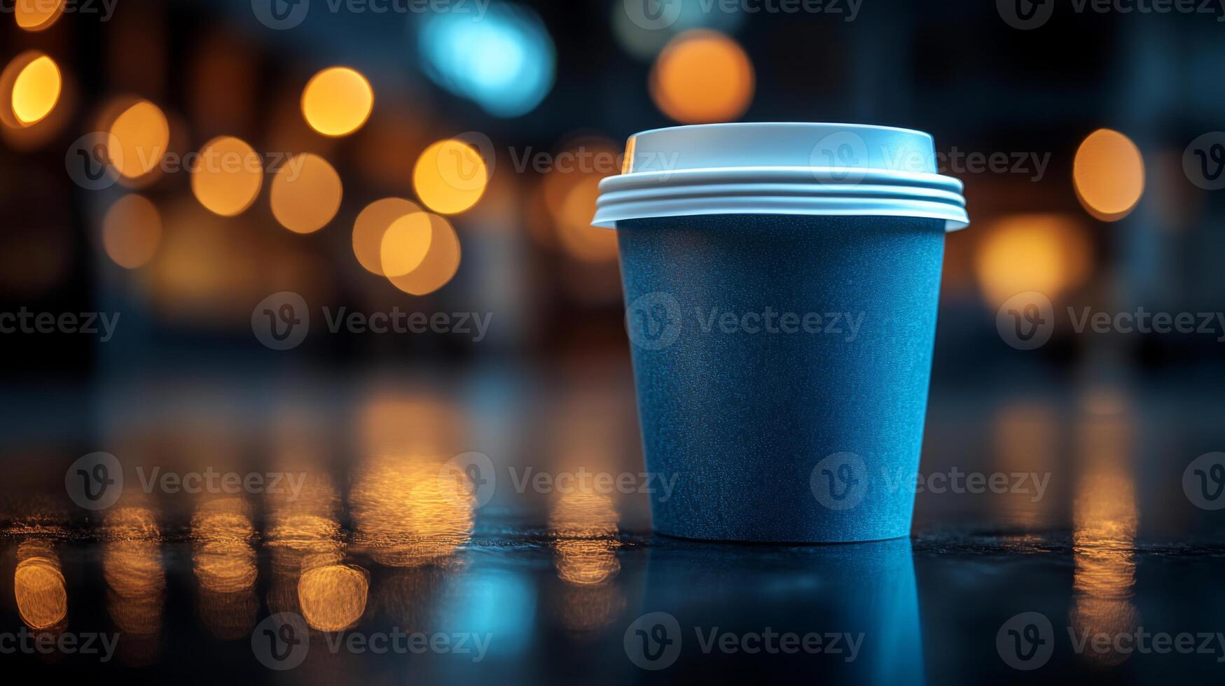 A takeaway coffee cup stands alone on a glossy surface, reflecting the warm bokeh lights around it. The atmosphere is cozy and inviting, perfect for an evening treat. photo