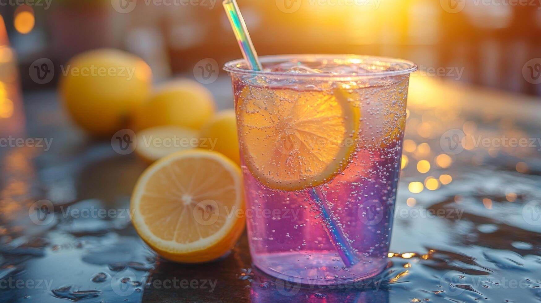 A colorful drink sits on a wet table, adorned with slices of lemon. The sun sets in the background, creating a warm, inviting atmosphere perfect for relaxation. photo
