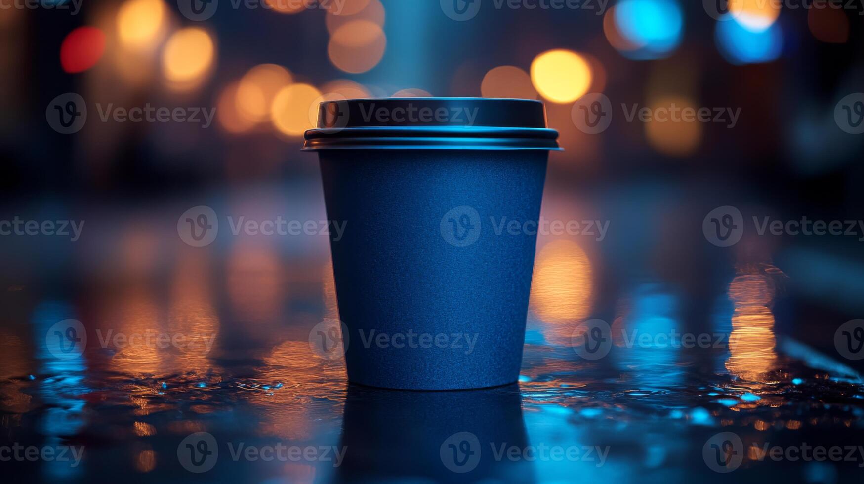 A black coffee cup sits on a wet surface, surrounded by blurred bokeh lights in an urban environment. The scene captures a cozy, tranquil moment during a rainy evening. photo