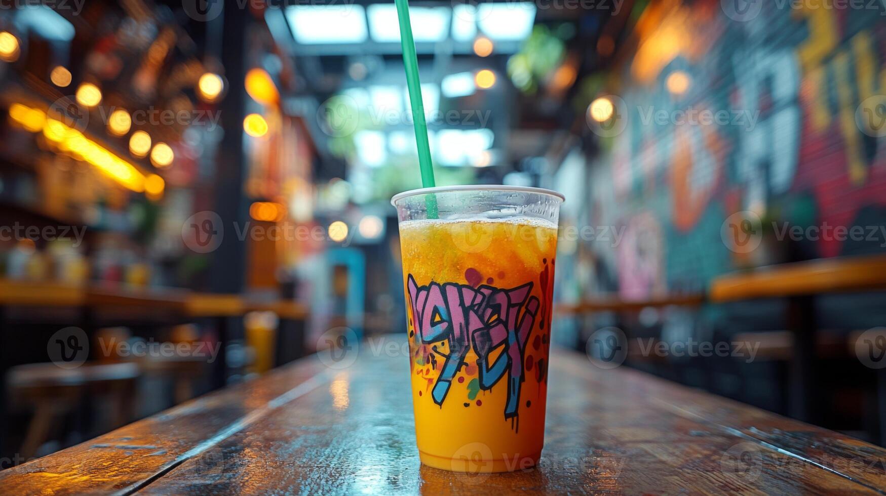 A refreshing orange drink with ice is served in a vibrant cup, placed on a rustic wooden table in an urban cafe. The cozy atmosphere features colorful murals and ambient lighting. photo